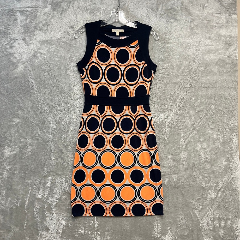 Banana Republic Sheath Dress Women XS Orange Navy Circle Print Sleeveless